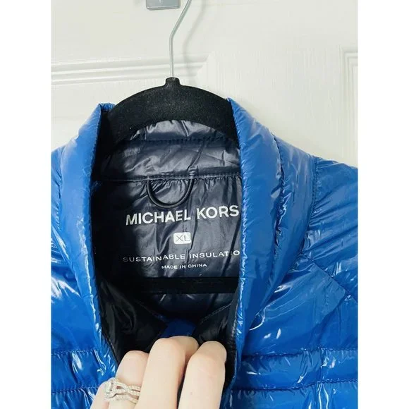 NWT Michael Kors Blue Shiny Puffer Coat - XL - Picture 4 of 9
